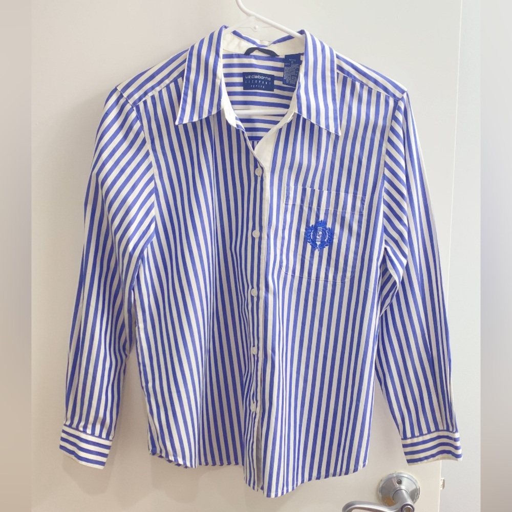 Liz Claiborne 100% Cotton Liz Sport Long Sleeve Blue Striped Women's Blouse - Picture 1 of 7